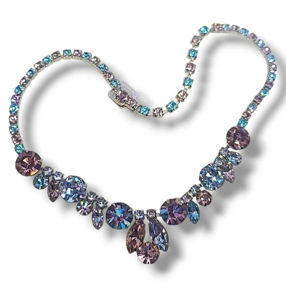 Vintage Weiss Signed Aurora Borealis Rhinestone Statement Necklace Blue Purple - Picture 1 of 10